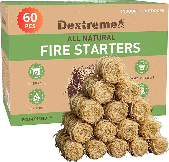 Dextreme Fire Starter (60 PCS) Natural Fire Starters for Campfire, Charcoal Starter, Fireplace, Wood Stove, BBQ, Chimney, Fire Pit, and Grill | All Weather, Odorless, Non-Toxic, w/10 Min Burning Time