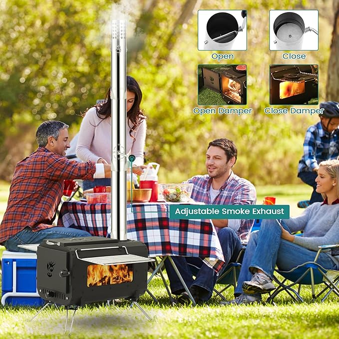 Gaomon Outdoor Portable Wood Stove, Tent Stove,Wood Burning Stove for Camping,Cast Iron Wood Stove,Tent Heaters for Camping, Includes Chimney Pipes ans View Glass,Ice-fishing, Cookout, Hiking, Travel