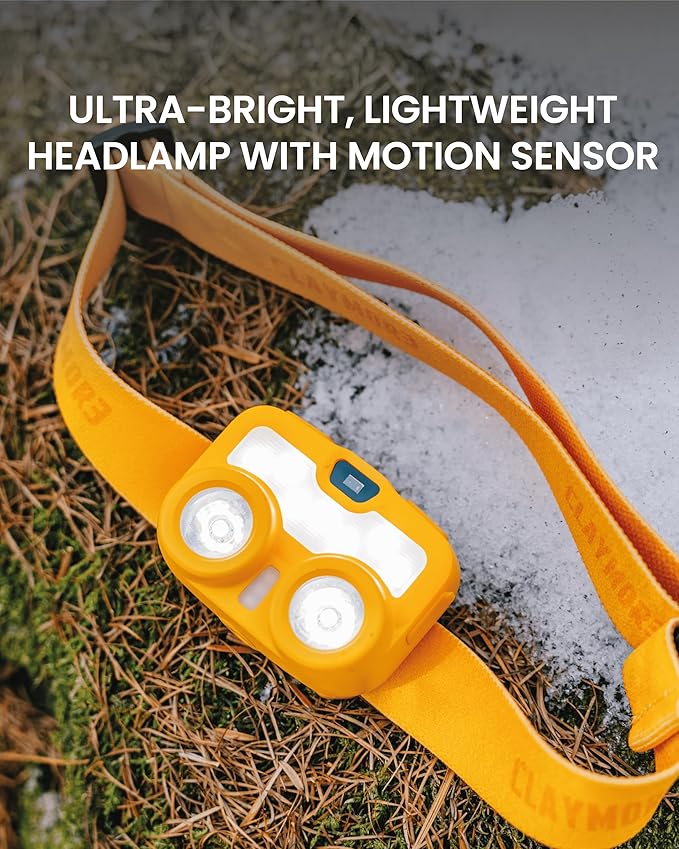 Claymore HEADY3 Yellow Rechargeable Headlamp – Compact 500 Lumens LED with Motion Sensor 6 Light Modes USB-C Rechargeable IP54 Water Resistant Up to 65 Hrs Runtime for Camping, Running, Outdoor