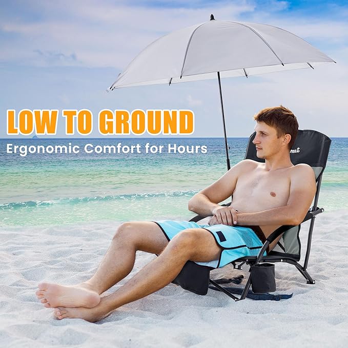 Lamberia Folding Beach Chair with Umbrella for Adults, Portable Low Beach Chairs with 300lbs Capacity, Lightweight Fodable Camping Chair for Travel, Picnic, Concert & Outdoor Activities, Black-Grey