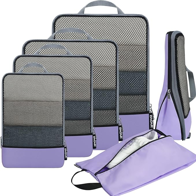BAGAIL 4 Set/6 Set/8 Set Compression Packing Cubes Travel Accessories Expandable Packing Organizers (Half Mesh, 6-Lavender)