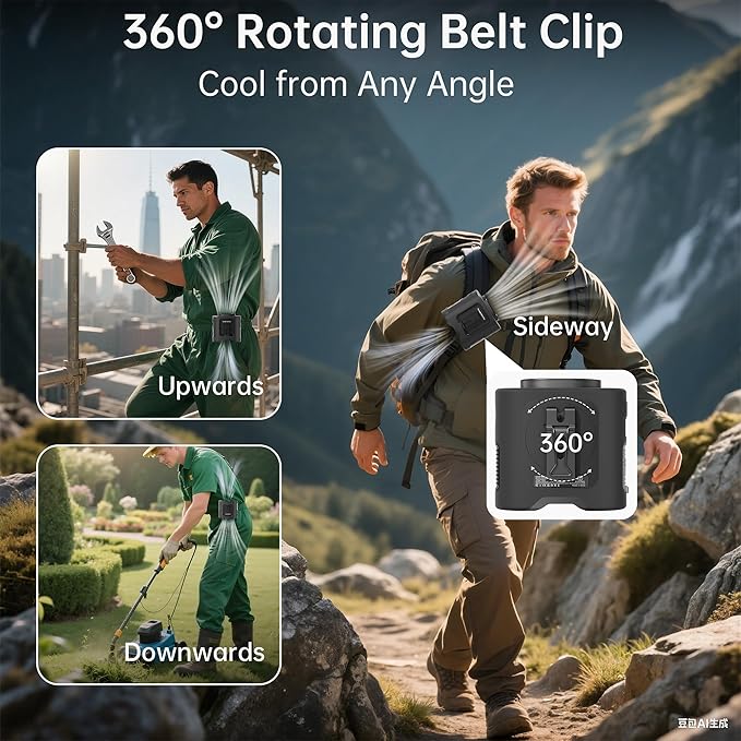 PANERGY Portable Waist Fan, 67H Runtime Wearable Fan with 4+1 Speeds, Storm Mode, 14500mAh Rechargeable Belt Fan with Dual Clip, Flashlight for Outdoor Jobsite(Black)