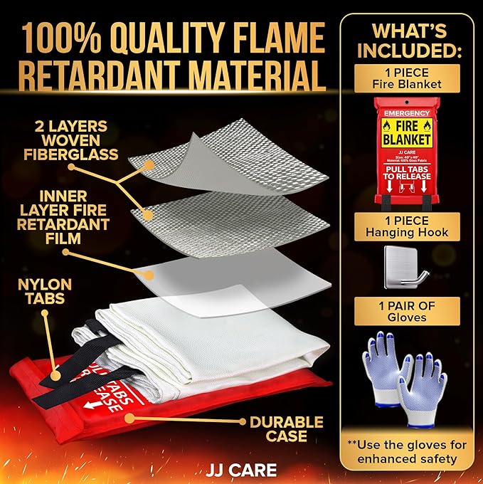 JJ CARE Fire Blanket – (Large) 4.9x4.9ft with Hooks & Gloves, Fire Blankets Emergency for Home and Kitchen, High Heat Resistant and Flame Protection for Kitchen, Car, Office, Camping & Home Safety