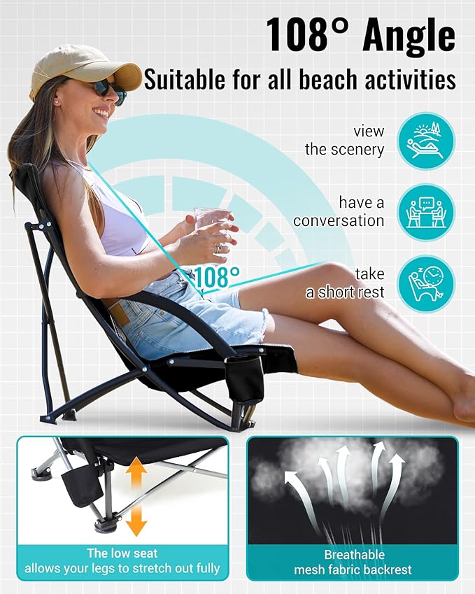 KingCamp Low Beach Chairs, Portable Folding Chair for Adults Extra Wide Ergonomic High Back Seat 300lbs Heavy Duty Lightweight Oversized Gear with Carry Bag for Outdoor Lawn Camping Picnic