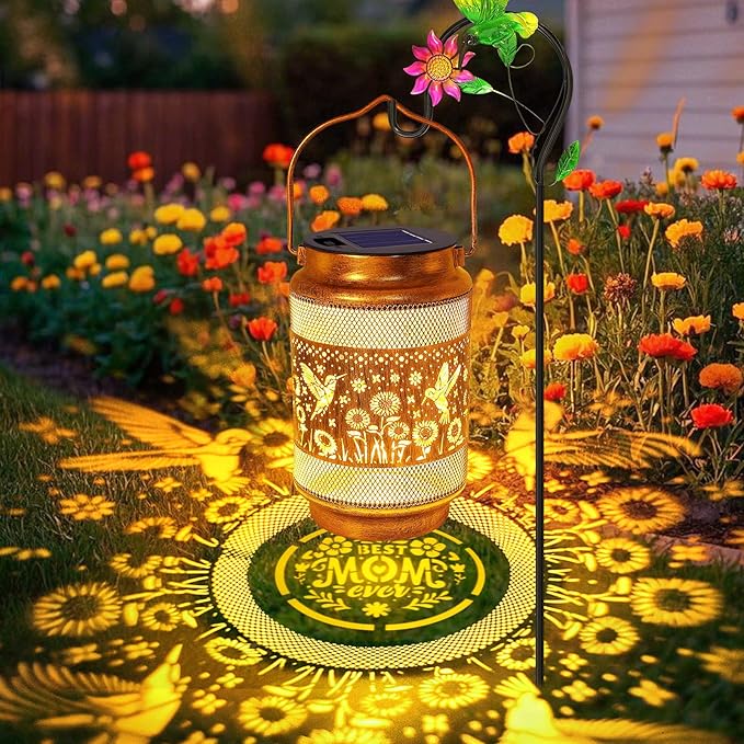 Gifts for Mom, Mothers Day Gift Solar Lanterns Outdoor, Mother Birthday Gift from Daughter Son, Metal Solar Hanging Hummingbird Lights with Shepherd Hook for Outside Garden Yard Patio Pathway