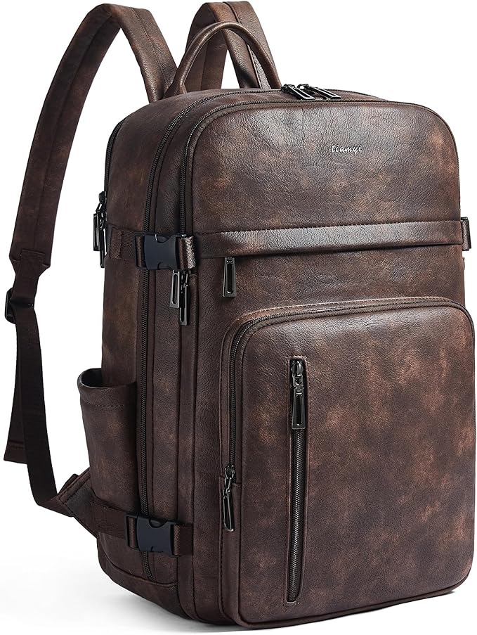 Travel Backpack for Women, Fits 17.0" Notebook, Stylish Lay-Flat Carry-on Vegan Leather Backpack with Luggage Strap for Travel and Daily Use