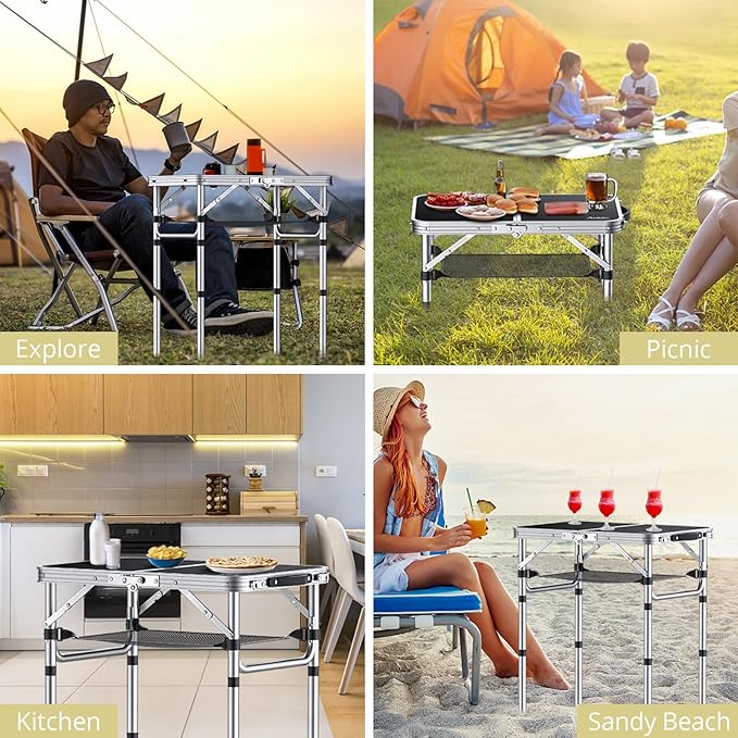 2ft Camping Table Foldable, 3 Adjustable Heights 26.3" Aluminum Small Folding Table with Storage Net, Lightweight, Portable Handle for Travel Outdoor Beach Picnic, 23.2" x 16", Black