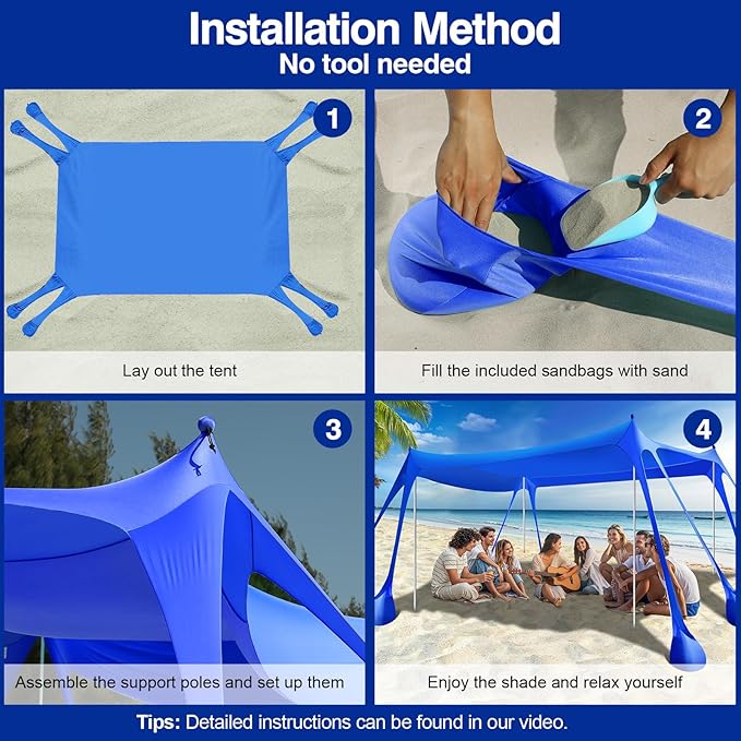 Rhino Valley Beach Tent Shade Canopy UPF50+ Protection, 8 Sandbags, 4 Stability Poles, Outdoor Sun Shelter Umbrella for Sand, Camping, Fishing Essentials
