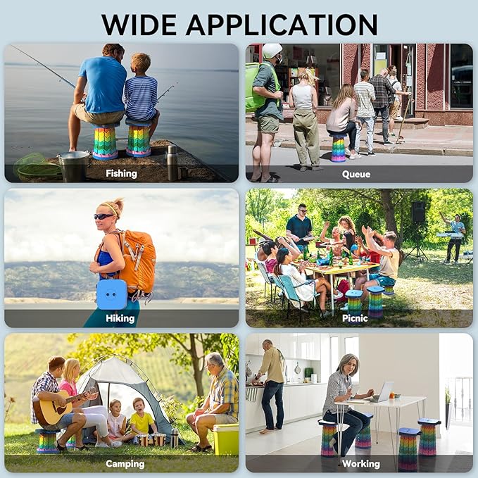 Upgraded Collapsible Stool, Portable Folding Stool, Telescoping Camping Chair with Max Load Capacity 485lbs, Square Retractable Stool for Camping Gardening Fishing Hiking BBQ [Rainbow+Blue]