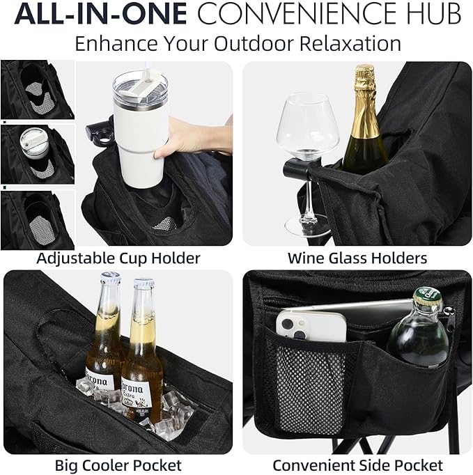 Oversized Camping Chairs for Adults - Heavy Duty Padded Outdoor Folding Lawn XL Camp Chair with Cup Holder Cooler Pockets for Outside Sports Beach Fishing Garden Portable Supports 500lbs, AllBlack