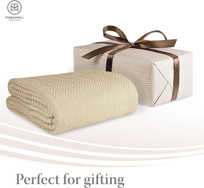 Threadmill Luxury Cotton Blankets for Queen Size Bed | All-Season 100% Cotton Queen Size Blanket | Herringbone Cozy, Soft Breathable Fall Thermal Blanket fits Full Size Bed, 90x92 | Beige
