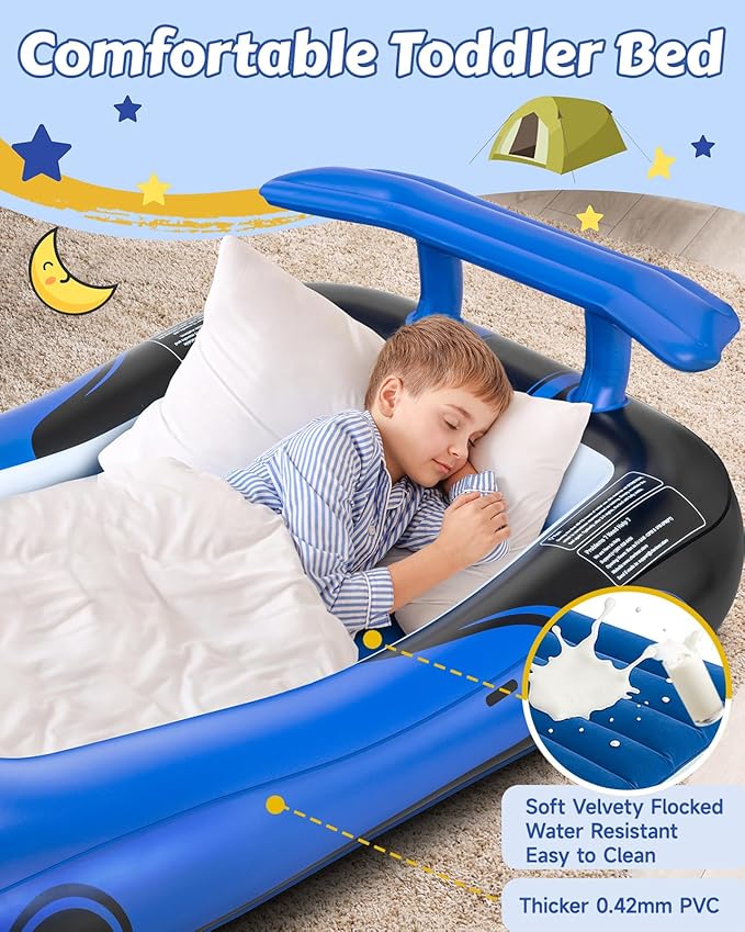 Inflatable Toddler Travel Bed with Safety Bumpers & 2 Mins Auto Inflation Pump, Portable Toddler Kids Air Mattress with Carry Bag for Home Grandma's Sleepovers Travel Camping, 330lbs Support