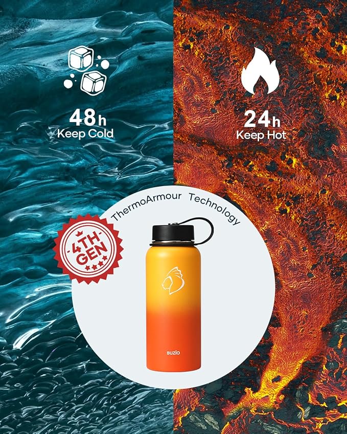 BUZIO 32oz Insulated Water Bottle, Triple Wall Vacuum Stainless Steel Water Flask with Straw Lid, BPA-Free Leakproof Sports Canteen for Sports Hiking, Cold 48H & Hot 24H- Yellow Orange