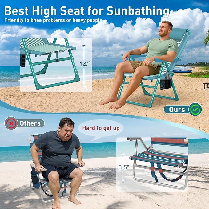 Suteck Backpack Beach Chair for Adults - 6-Position Folding Reclining Chair with Cooler Bag & Cup Holder, Lightweight Portable Beach Chair for Camping, Outdoor, Sand, Travel Use