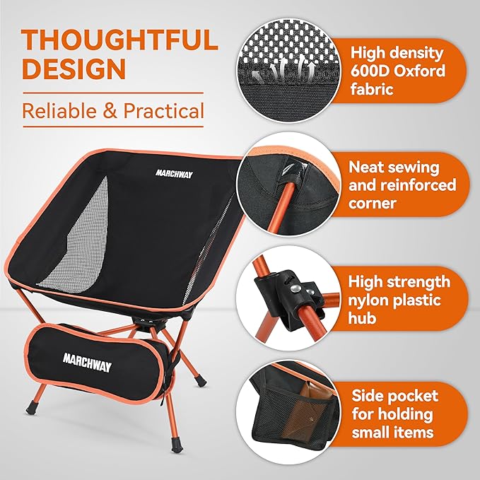 MARCHWAY Lightweight Folding Camping Chair, Portable Foldable Compact for Outdoor Camp, Travel, Beach, Picnic, Festival, Hiking, Backpacking, Supports 330Lbs (Orange)
