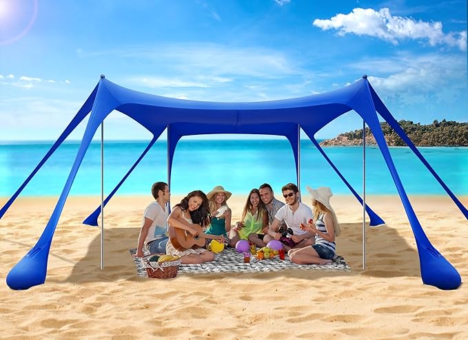 Beach Tent Sun Shelter, Portable Sun Canopy UPF50+ Outdoor Shade with 4 Stability Poles and 8 Sandbags, 10 x 10ft, Sand Shovel, Ground Pegs and Carry Bag for Beach, Camping, Fishing, Picnics