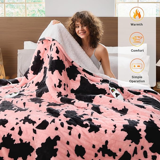 Cow Print Heated Electric Blanket Full Size,72X84 Light Pink Heating Blanket with 10 Heats Levels & 8 Hours Auto Off,Highland Cow Fleece Sherpa Blankets Warmer Gifts for Women Adults,Washable,ETL