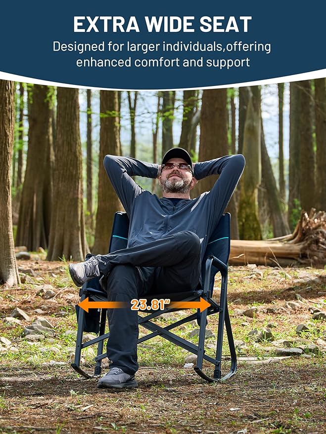 TIMBER RIDGE Folding Oversized Rocking Camping Chair, 400lbs Capacity Portable Outdoor Rocker with Hard Armrests, Cup Holder & Side Pocket, Quick-Fold Design for Outdoor, Patio, Lawn, Blue