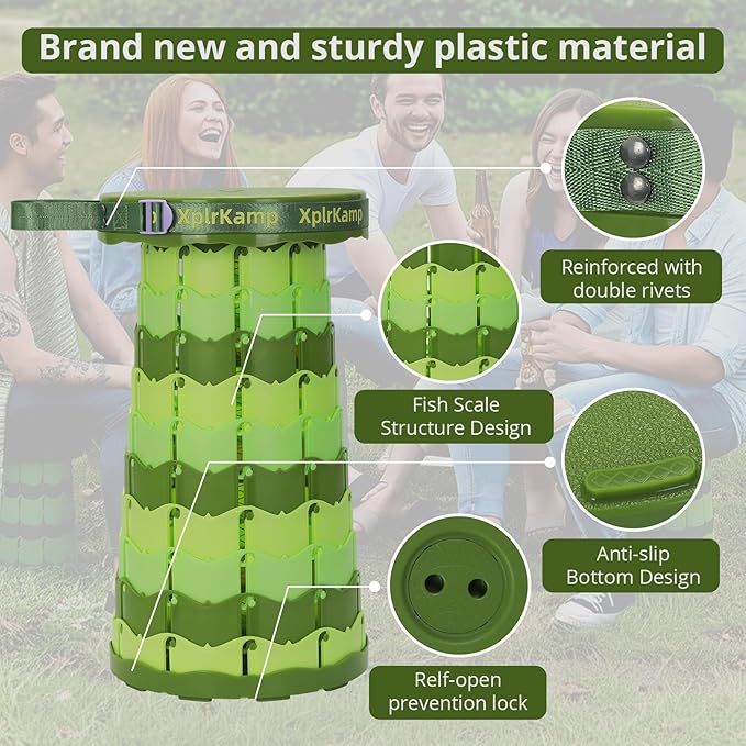 Retractable Folding Stool - Heavy Duty 400 lb Collapsible Portable Stool for Camping, Hiking, Fishing, Indoor/Outdoor with Non-Slip Base and Lightweight Design (Light Green, 1-Pack)