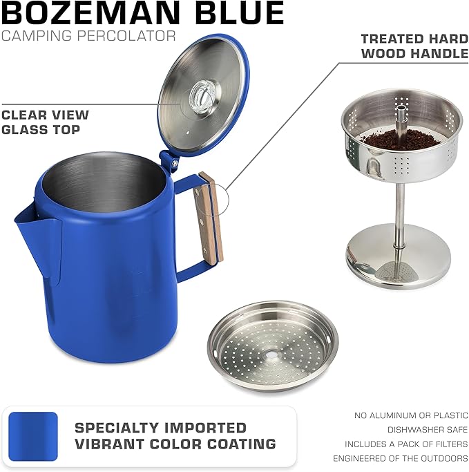 COLETTI Bozeman Camping Coffee Pot — Camping Coffee Makers, Coffee Percolator – America's Sleekest Percolator – NO Aluminum or Plastic (Blue)