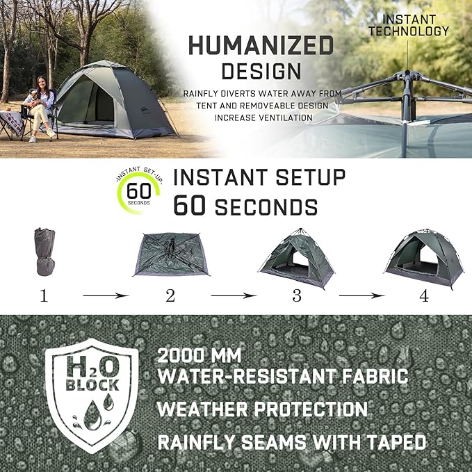 Happy Travel 1/2/3/4 Person Camping Tent, Instant Easy Pop Up Tents for Camping,Automatic Waterproof Family Camping Tent, Easy Set Up Tent,Portable Windproof Dome Tent for Camping Hiking & Traveling