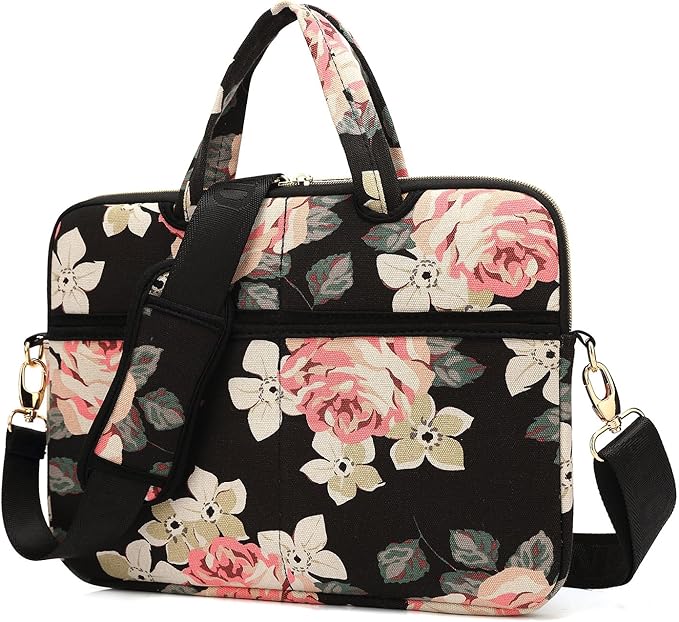 kayond Black Rose Patten water-resistant Laptop Shoulder Messenger Bag Case Sleeve for 14 Inch 14.1 Inch Laptop