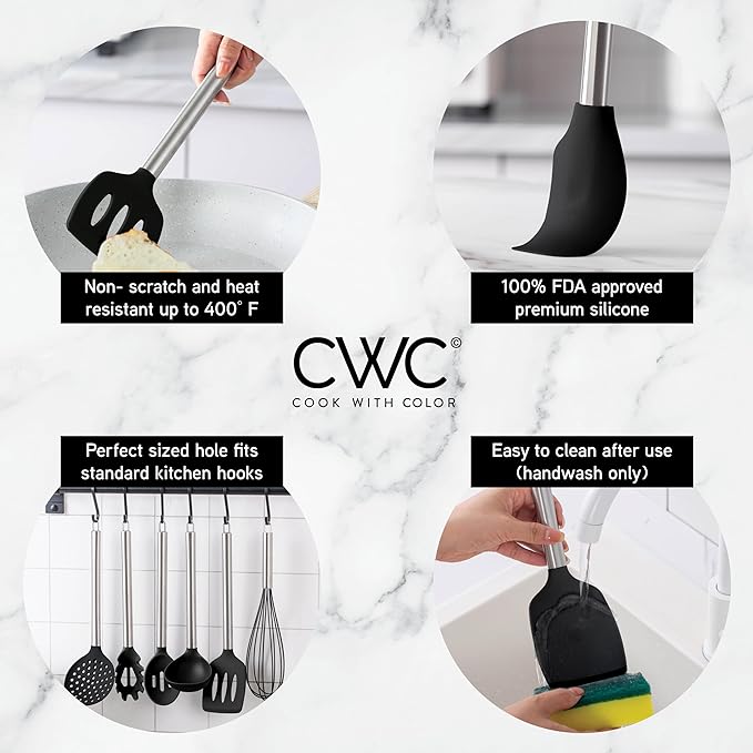 COOK WITH COLOR Silicone Cooking Utensils, Kitchen Utensil Set, Easy to Clean Silicone Kitchen Utensils, Cooking Utensils for Nonstick Cookware, Kitchen Gadgets Set, 10 Pieces, Black