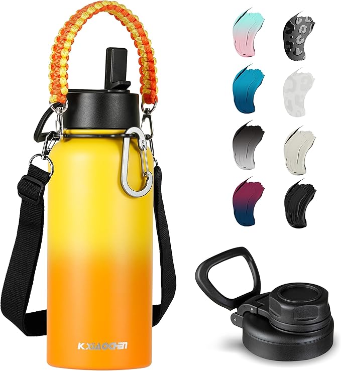 KXIAOCHEN Insulated Water Bottle, Stainless Steel Water Bottle, 2 Lids (Straw and Handle Lid),Wide Mouth Metal Water Bottles Keep Hot and Cold, Double Walled, Thermo Mug, Metal Canteen
