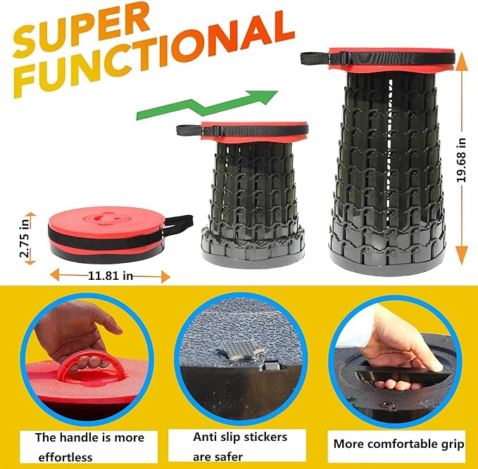 ALEVMOOM Upgraded 19.7" Portable Collapsible Folding Stool Retractable Telescoping Foldable Stool for Adults Heavy Duty Camping Sturdy with Max Load Capacity 1000lbs for Outdoor Fishing Hiking BBQ
