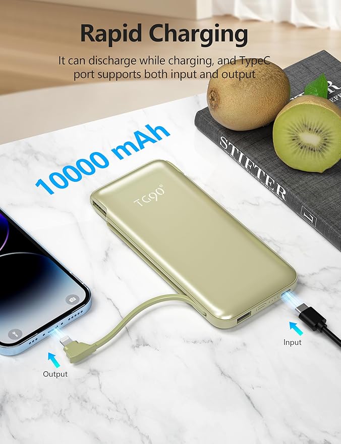 Portable Charger Power Bank with Built-in Cable & AC Plug, 10000mAh Fast USB-C Charger, Slim Mini Battery for iPhone 16/15/14/13/Pro/Max & All USB-C Devices