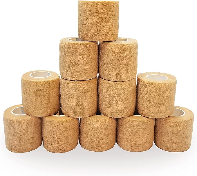 12 Bulk Pack Cohesive Tape, Self Adherent Wrap 2 Inches X 5 Yards - Self Adhesive Bandage Medical Vet Wrap for First Aid, Sports Protection and Wrist, Ankle Sprains & Swelling