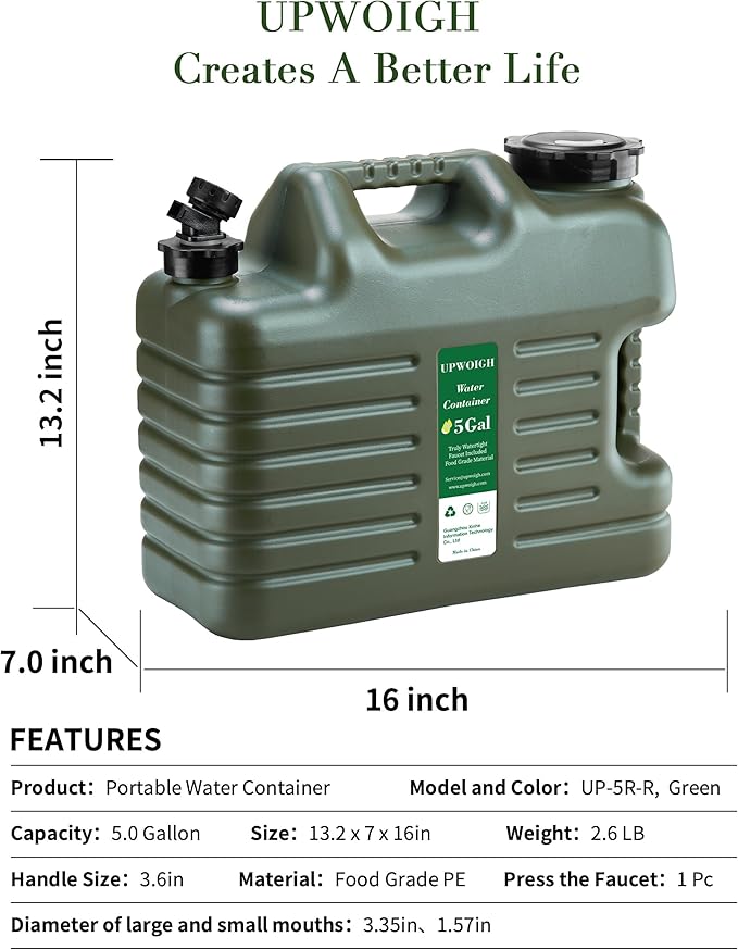 UPWOIGH 5 Gallon Water Jug Set of 2, Camping Water Container, Truly No Leakage Water Storage, Large Military Green Water Tank,BPA Free Portable Emergency Overlanding Gear for Outdoors Hiking