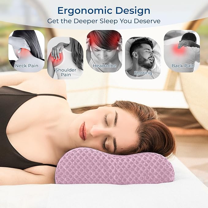 Travel Pillow Memory Foam Pillows, Ergonomic Wave Cervical Neck Pillow for Neck Pain Relief, Compressible Medium Firm Side Sleeper Pillow, Ideal for Camping, Office, Home & Bed (Pink, M)