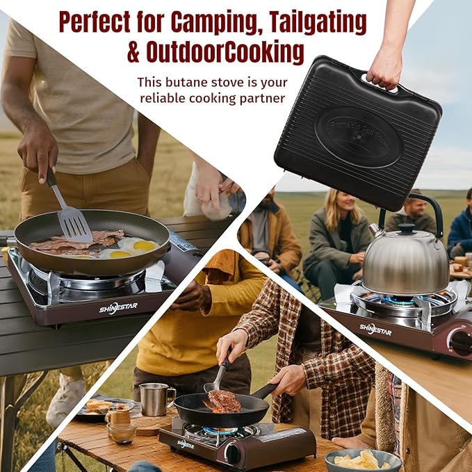 SHINESTAR 14000 BTU Butane Camping Stove, Double Wind-Guard Portable Stove for Outdoor Cooking, Carrying Case Included, Brown
