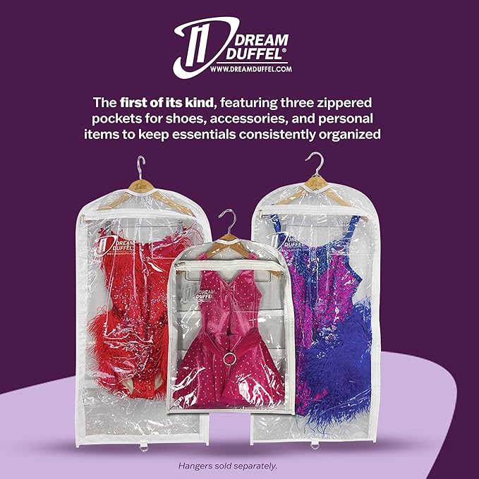 Clear Garment Bags for Dance Costumes 3-Pack, Regular-Size, Side Zipper Entry, Storage Pockets for Shoes & Accessories, Size 37”x18”, Dream Duffel
