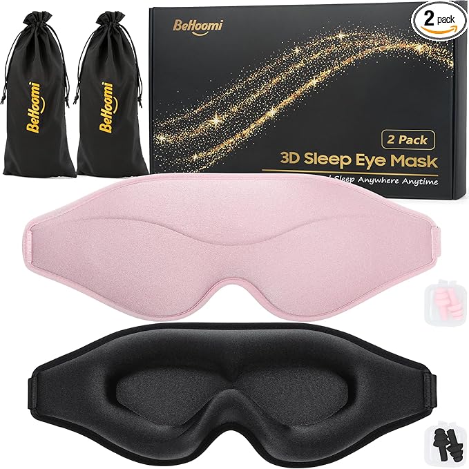 Sleep Mask, 2 Packs Premium Eye Mask for Sleeping, Total Blackout, Superior Soft Comfort, Upgraded 3D Ergonomic Designed Sleeping Mask for Home, Office, Travel, Meditation, Yoga, Black & Pink