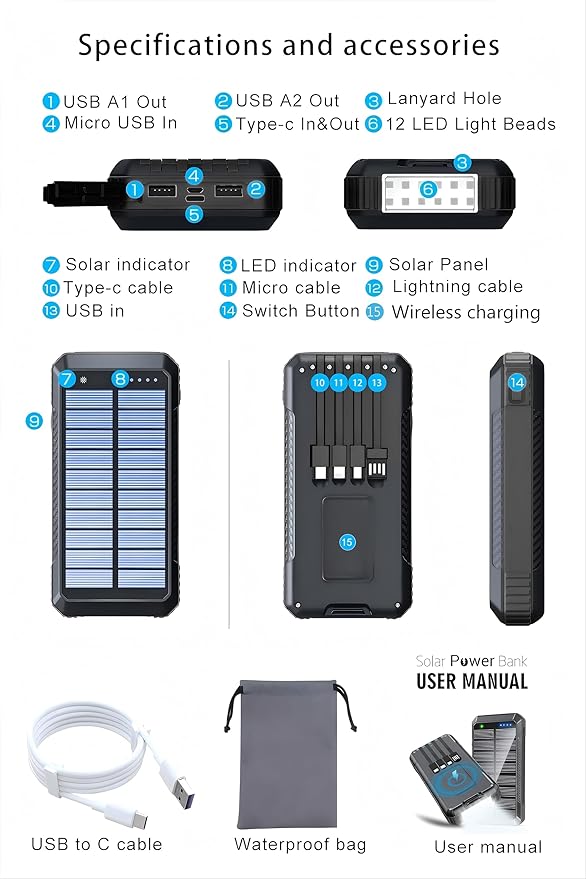 DJKK Solar Power Bank Wireless Charger 52800mAh Built in 4 Cables and LED Camping Lights 22.5W Fast Charging Power Bank 7 Outputs 4 Inputs Portable Charger Compatible with All Mobile Devices (Black)