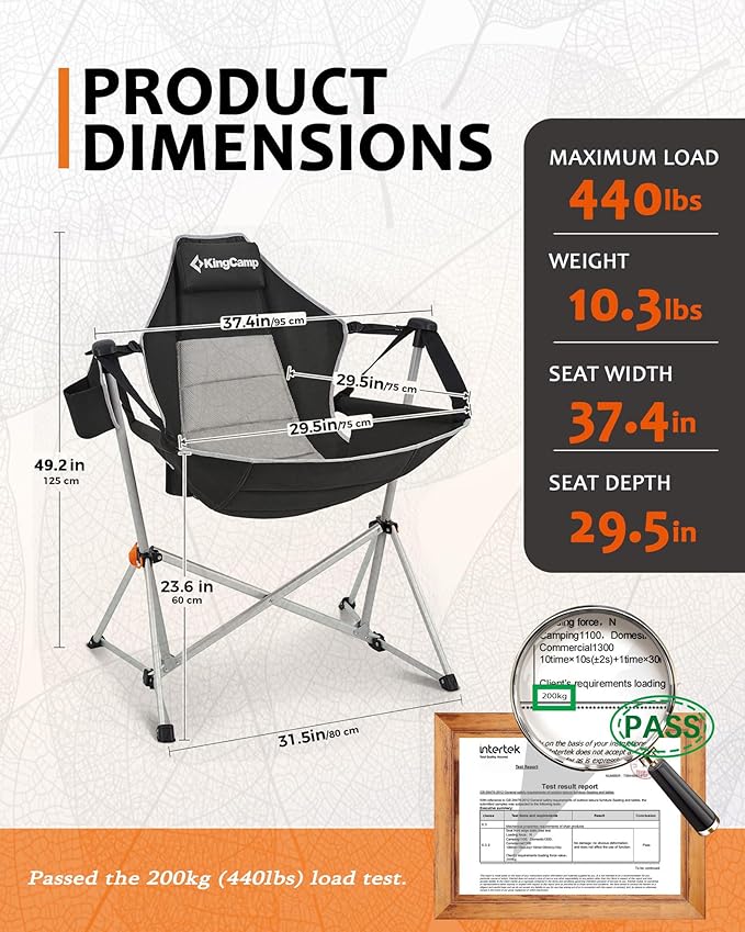 KingCamp Hammock Camping Chair, Swinging Portable Folding Camp Chairs for Adults Max 440lbs Heavy Duty Foldable Oversized Rocker with Aluminum Alloy Frame Cup Holder for Outdoor Beach Patio Sport