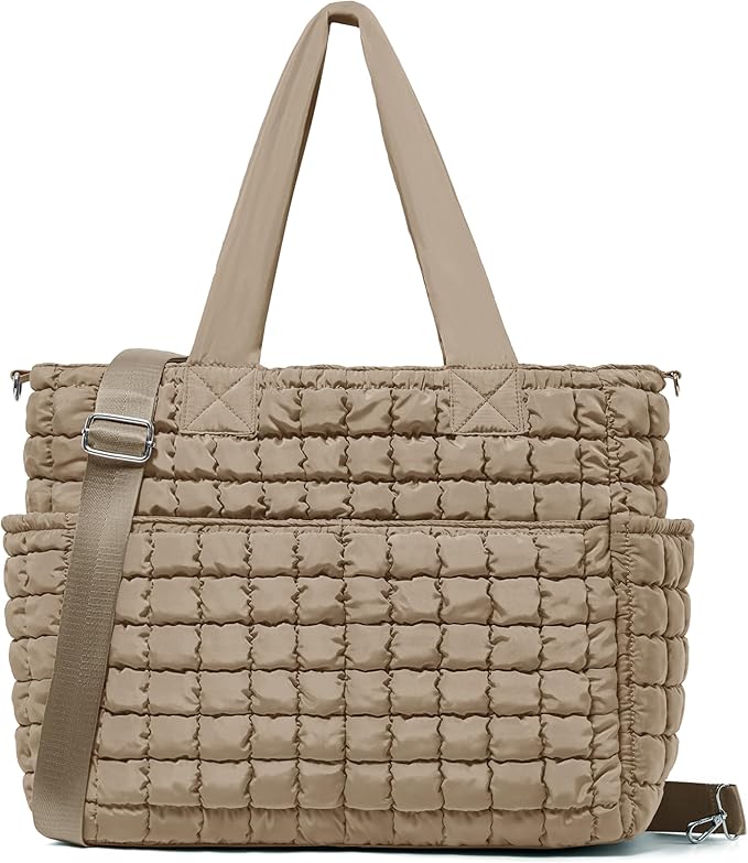 Yarnic Large Puffer Tote Bag for Women, Puffy Shoulder Handbag Quilted Tote Bag with 7 Pockets for Travel Work Gym