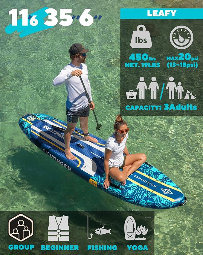 11'6×35" Super Wide Inflatable Paddle Board, Ultra Stable Stand Up Paddleboards for 450lb/3 People/Family/Big Size, Shoulder Strap, 5 Handles, 100L Backpack, All-Round Sup Board, US Fin