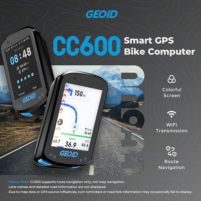 CC600 Color Screen Bike/Cycling Computer Wireless - Route Navigation with Re-Route Planing, WiFi & Bluetooth, Fast 5s GPS Positioning, Free Indoor Training