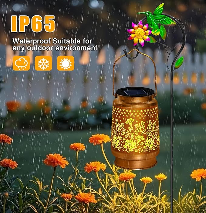 Hummingbird Solar Lanterns Outdoor Waterproof, Hanging Solar Lights Garden Lanterns with Shepherd Hook, Metal Garden Decor for Yard, Patio, Lawn, Landscape, Gifts for Women Mom Mothers Day Christmas