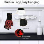 BBQ Fireproof Gloves, Grill Cut-Resistant Gloves 1472°F Heat Resistant Gloves, Non-Slip Silicone Oven Gloves, Kitchen Safe Cooking Gloves for Oven Mitts,Barbecue,Cooking, Frying,13.5 Inch-Red