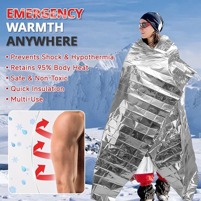 SecuCaptain Survival Emergency Thermal Blankets: 100 Pack Extra Large 84” x63” Space Mylar Blanket Kit for Outdoor Cold Winter Camping Hiking Car Bug Out Bag or First Aid