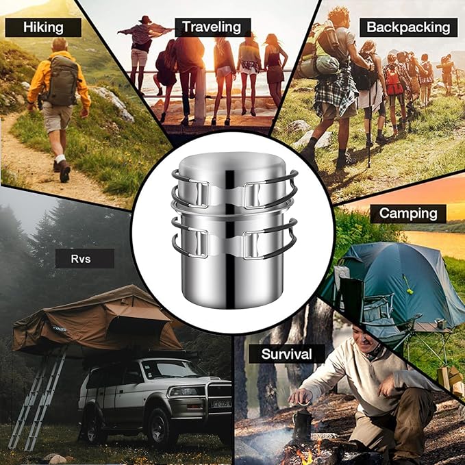 Camping Cookware Mess Kit, Stainless Steel Camping Cooking Set, Backpacking Cooking Set Backpacking Gear with Mini Stove for Camping,Backpacking,Picnic, Hiking