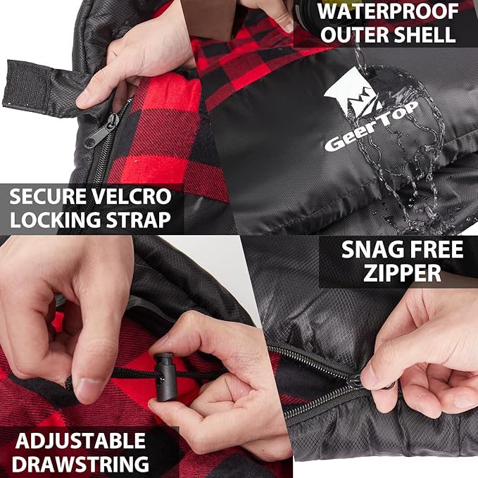 GEERTOP Flannel Sleeping Bags for Adults Big & Tall People Portable Cold Weather Envelope XXL All Seasons Camping Sleeping Bag