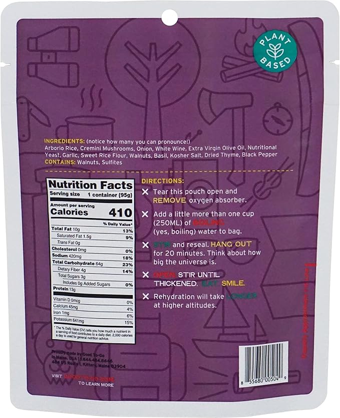 GOOD TO-GO Mushroom Risotto | Camping Food, Backpacking Food | Just Add Water Meals, Backpacking Meals | Dehydrated Meals Taste Better Than Freeze Dried Meals