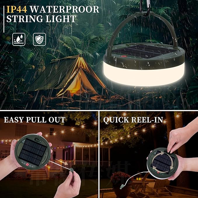 Solar Camping Lights with 13 Lighting Modes,33 FT Fairy Lights 130LEDs,Portable Waterproof 4 in 1 Camping Lantern,Retractable Design & Hooks for Outdoor Garden Party Essentials