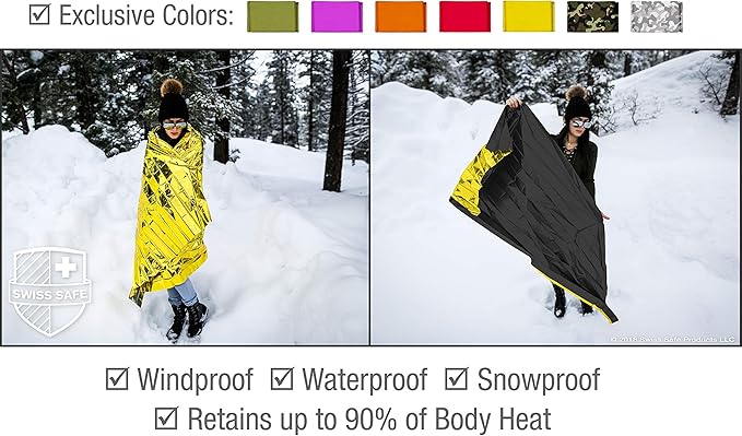 Swiss Safe 4 Pack Mylar Emergency Blankets for Survival - Compact & Insulated for Cold Weather - Designed for NASA, Outdoor, Running, Camping, Survival, First Aid Car Kit - Black & Gold, 4 Pack