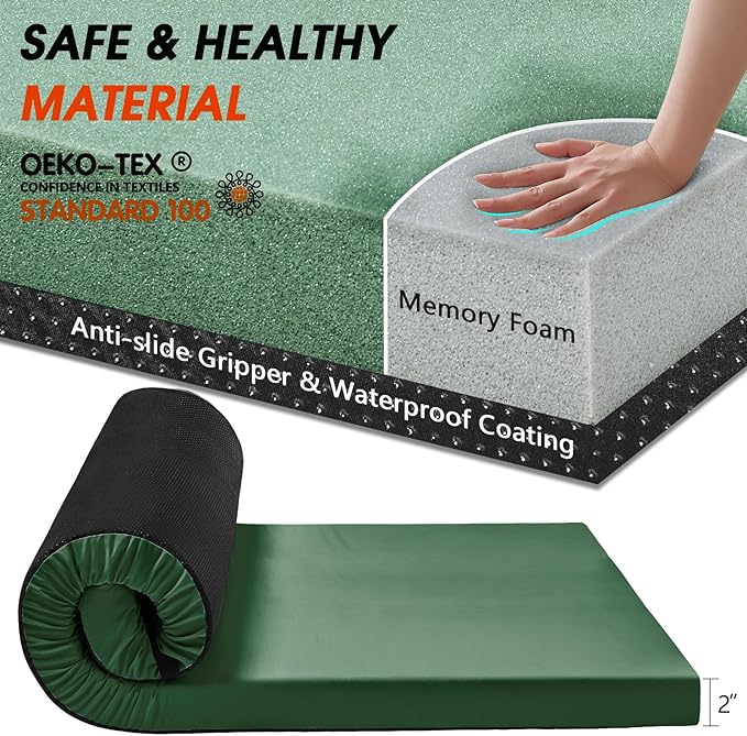 CYMULA Camping Cot Mattress 2in Memory Foam Sleeping Pad,Soft Warm Non-Slip Camping Mattress Topper with Retaining for Adults,Portable Roll up Pad for Travel(75 x30)（only Mattress）